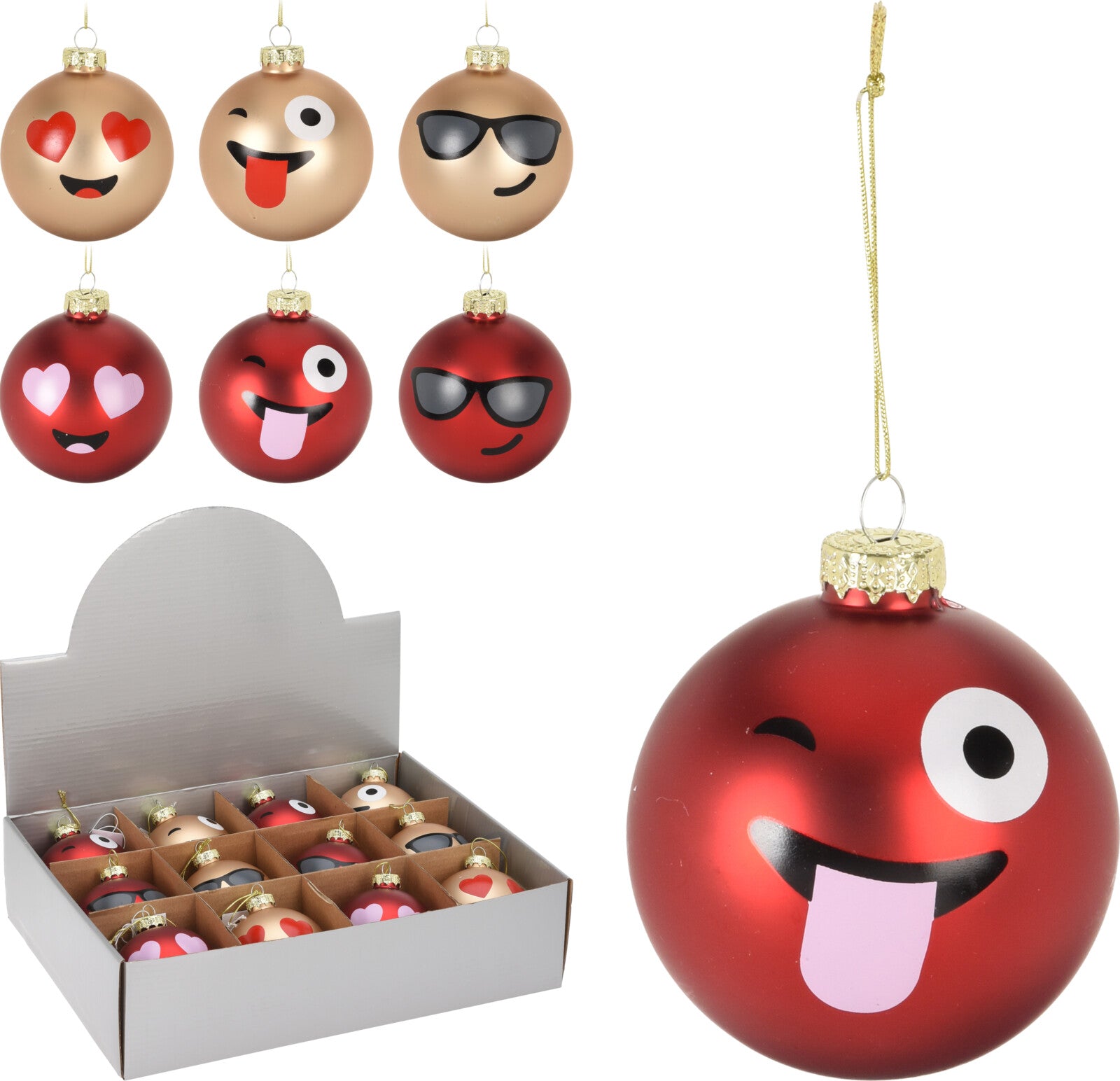 PALLINA IN VETRO 8CM SMILEY EMOTICON ROSSO/ORO ASSORTITA