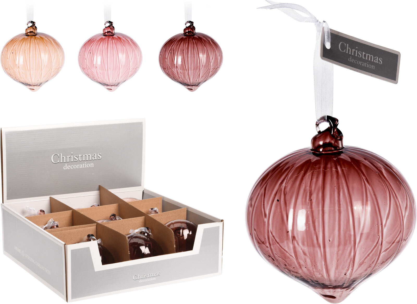 OFFERTA 6 PALLINE DI NATALE A CIPOLLA IN VETRO ROSA 10CM