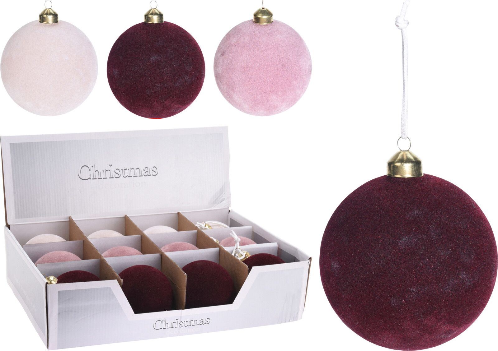 OFFERTA 6 PALLINE IN VETRO E VELLUTO ROSA/BORDEAUX 8CM ASSORTITE