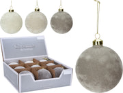 OFFERTA 6 PALLINE IN VETRO E VELLUTO GRIGIO/PERLA 10CM ASSORTITE