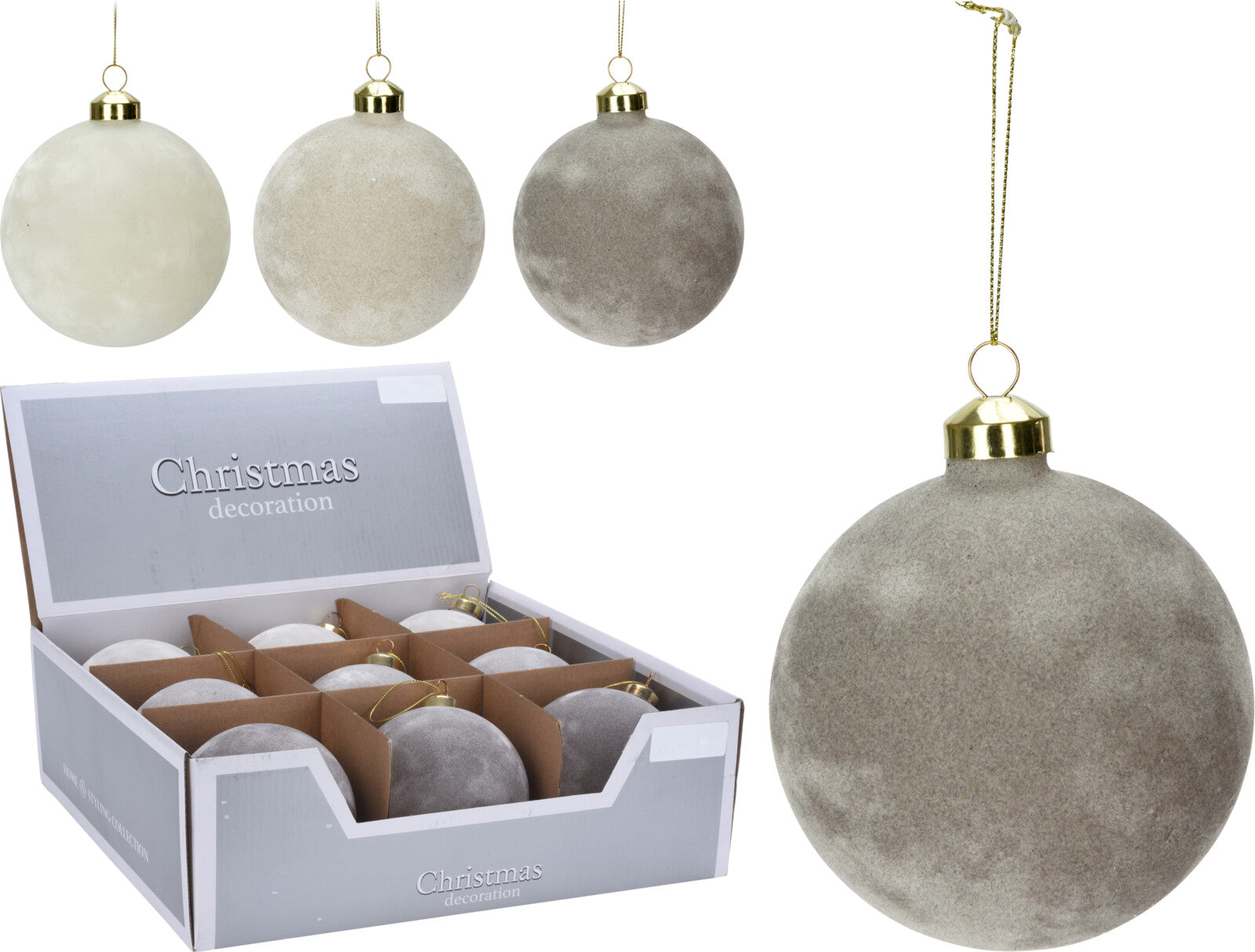 OFFERTA 6 PALLINE IN VETRO E VELLUTO GRIGIO/PERLA 10CM ASSORTITE