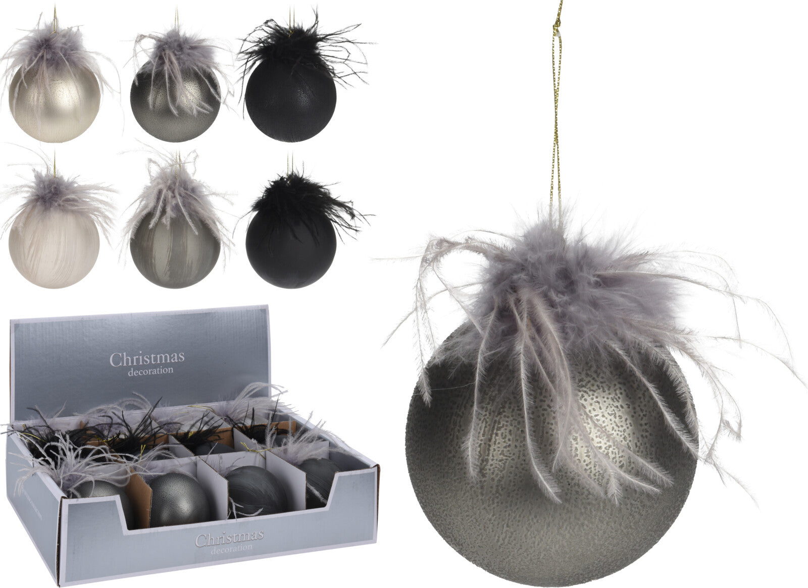 PALLINA DI VETRO CON PIUME 8CM ASSORTITA