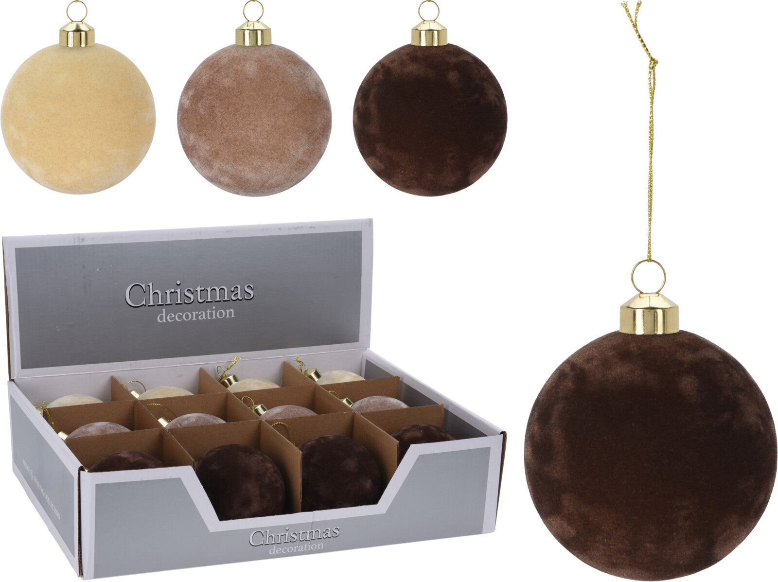 OFFERTA 12 PALLINE IN VETRO E VELLUTO MARRONI 8CM ASSORTITE