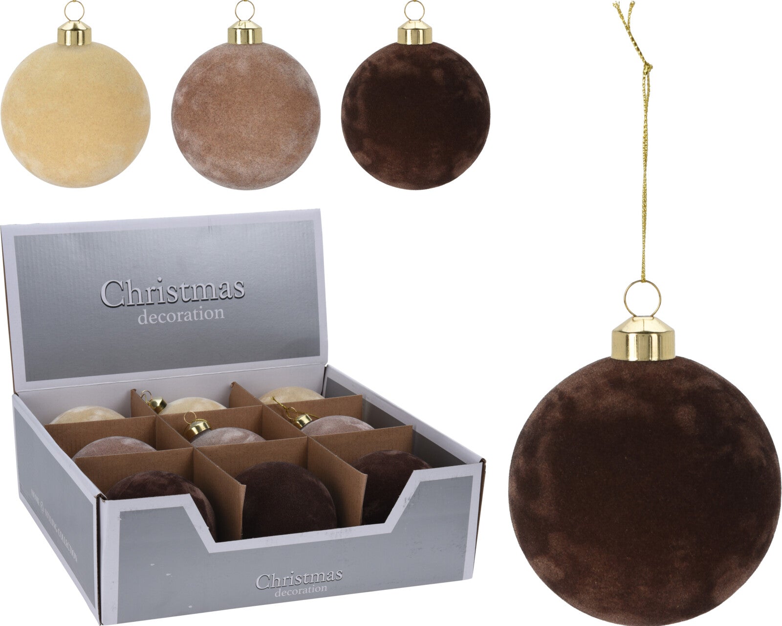 OFFERTA 6 PALLINE IN VETRO E VELLUTO MARRONE 10CM ASSORTITE
