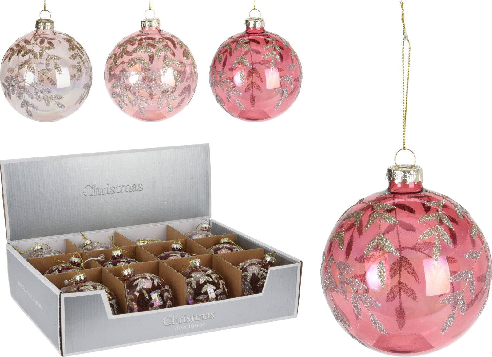 OFFERTA 6 PALLINE IN VETRO CON FOGLIE 8CM ASSORTITE