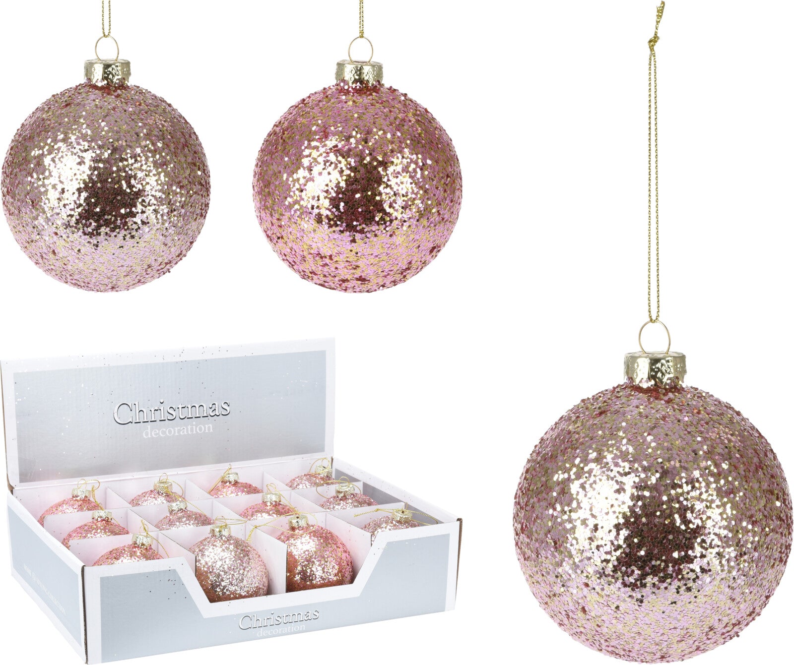 OFFERTA 6 PALLINE CON GLITTER PERLINE ROSA 8CM ASSORTITE
