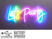 Scritta "Let's Party" al neon, multicolore