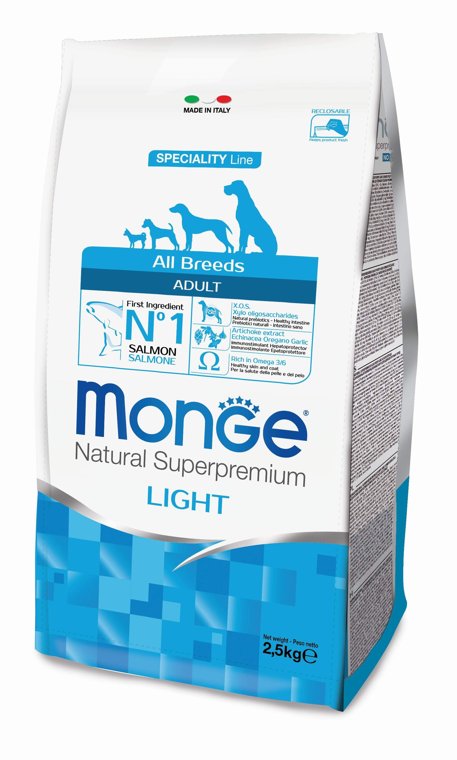 MONGE CIBO SECCO CANE CROCCANTINI LIGHT SALMONE E RISO 2,5 KG