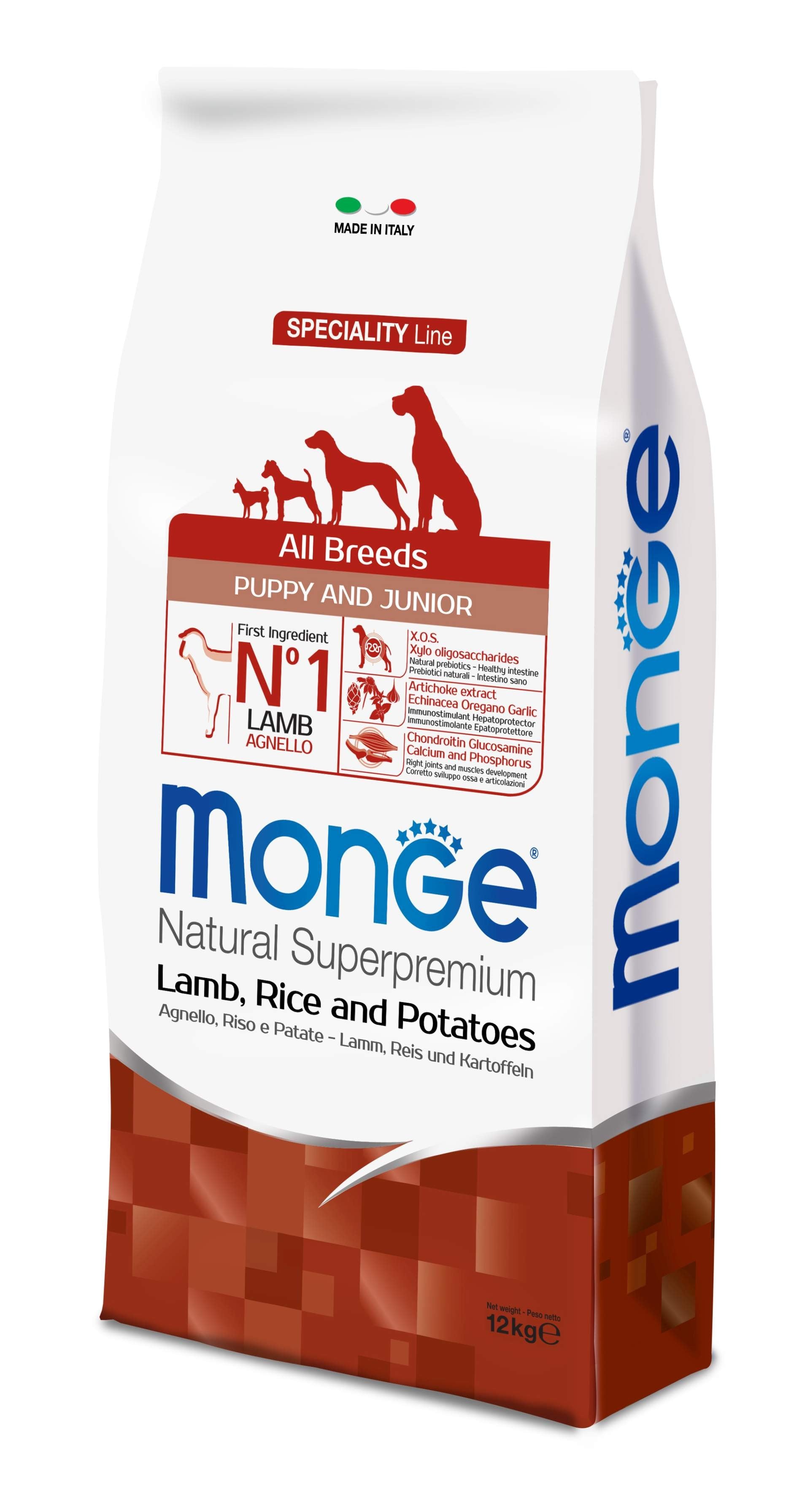 MONGE CIBO SECCO CANE CROCCANTINI PUPPY & JUNIOR AGNELLO E RISO 12 KG