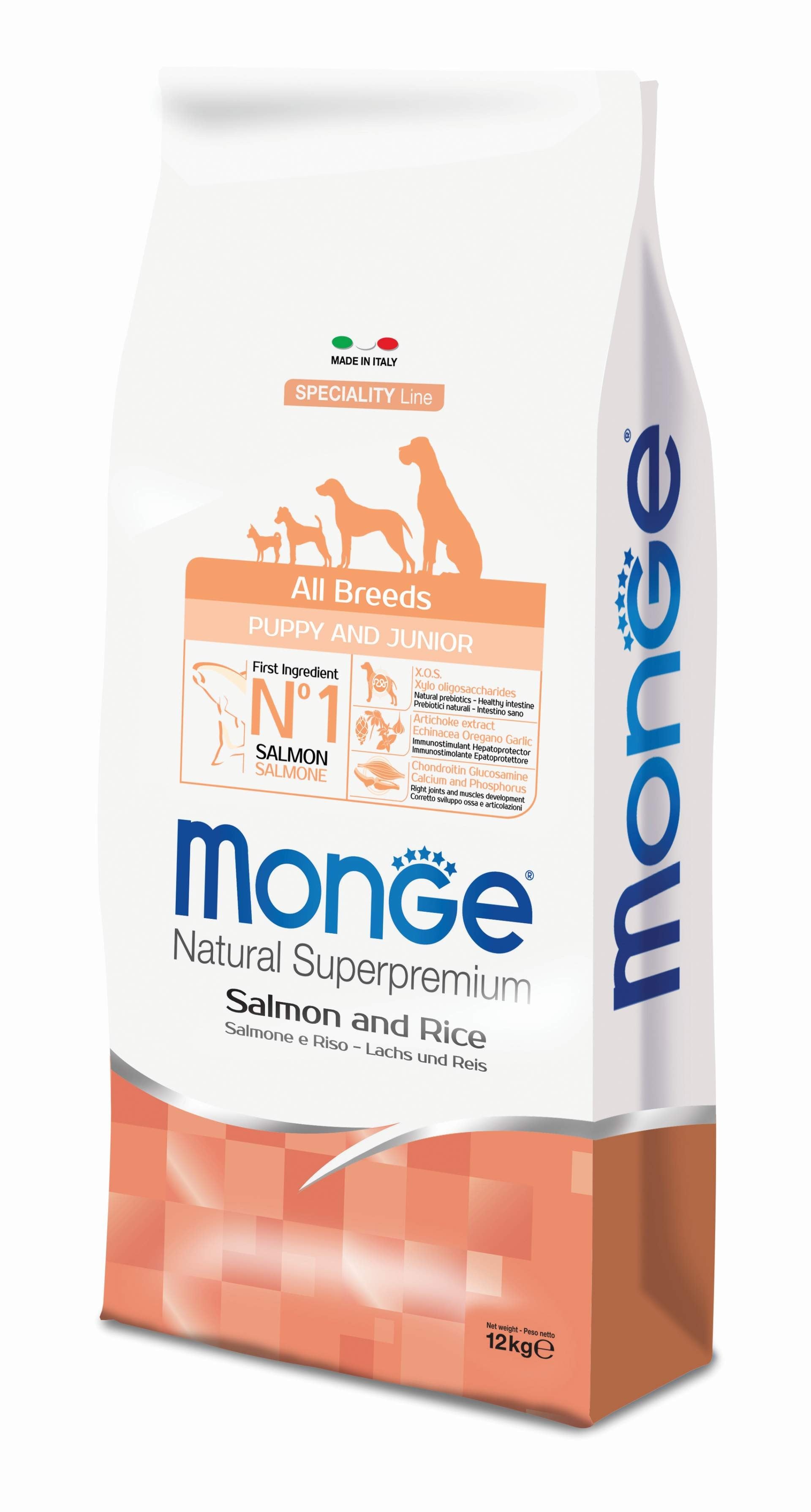 MONGE CIBO SECCO CANE CROCCANTINI PUPPY & JUNIOR SALMONE E RISO 12 KG