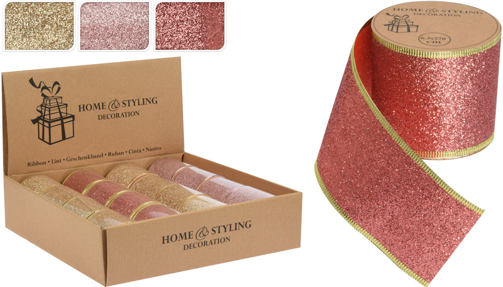 OFFERTA 3 NASTRI GLITTER ROSA/ORO/ROSSO PER PACCHI REGALO 6X270CM ASSORTITI