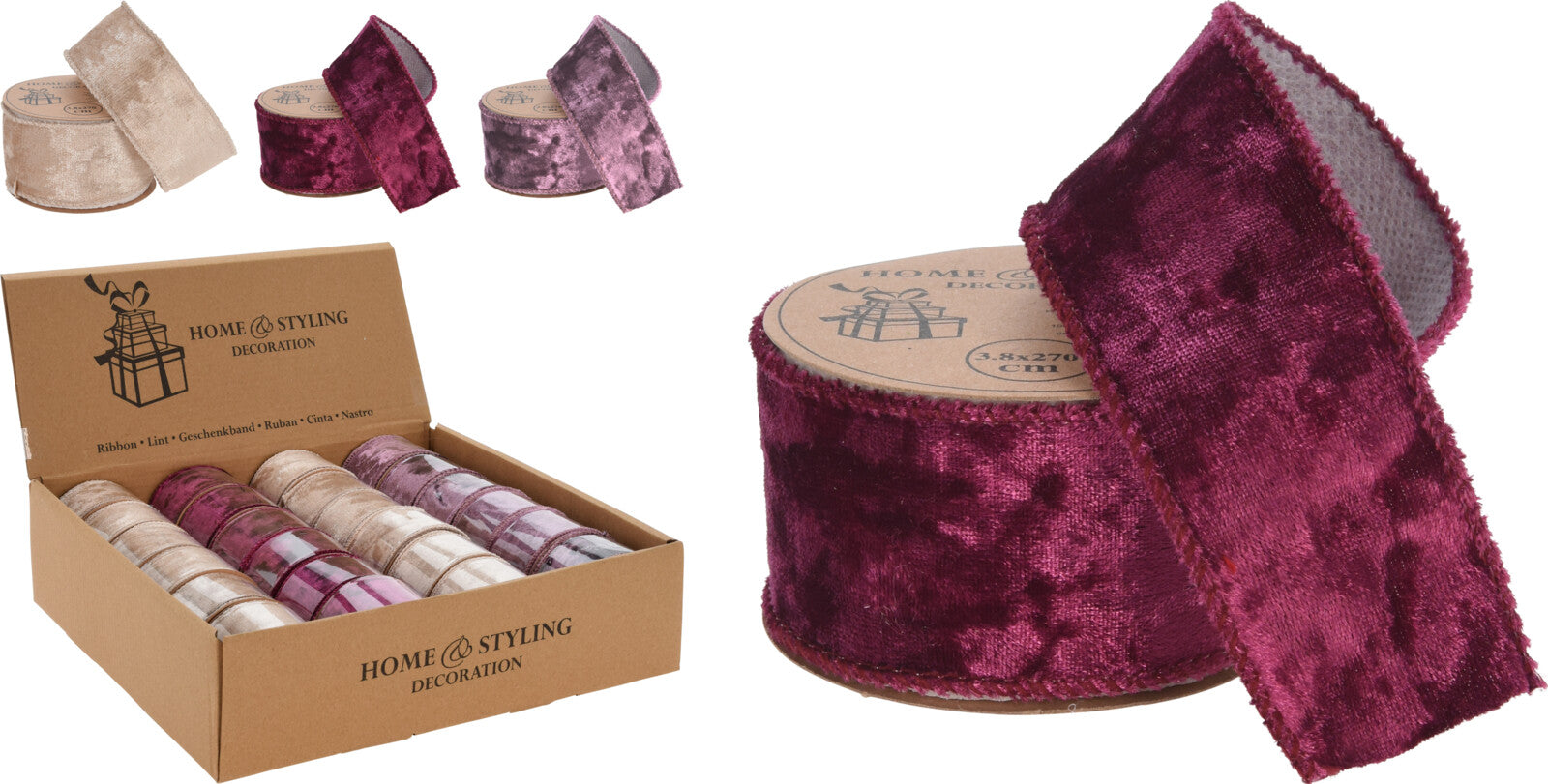 OFFERTA 4 NASTRI NATALIZI 3,8 CM VELLUTO 3 COLORI ASSORTITI