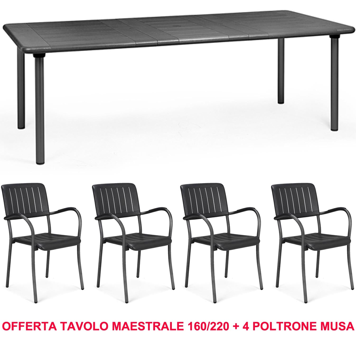 OFFERTA TAVOLO MAESTRALE 160/220CM ESTENSIBILE + 4 POLTRONE MUSA COLORE A SCELTA