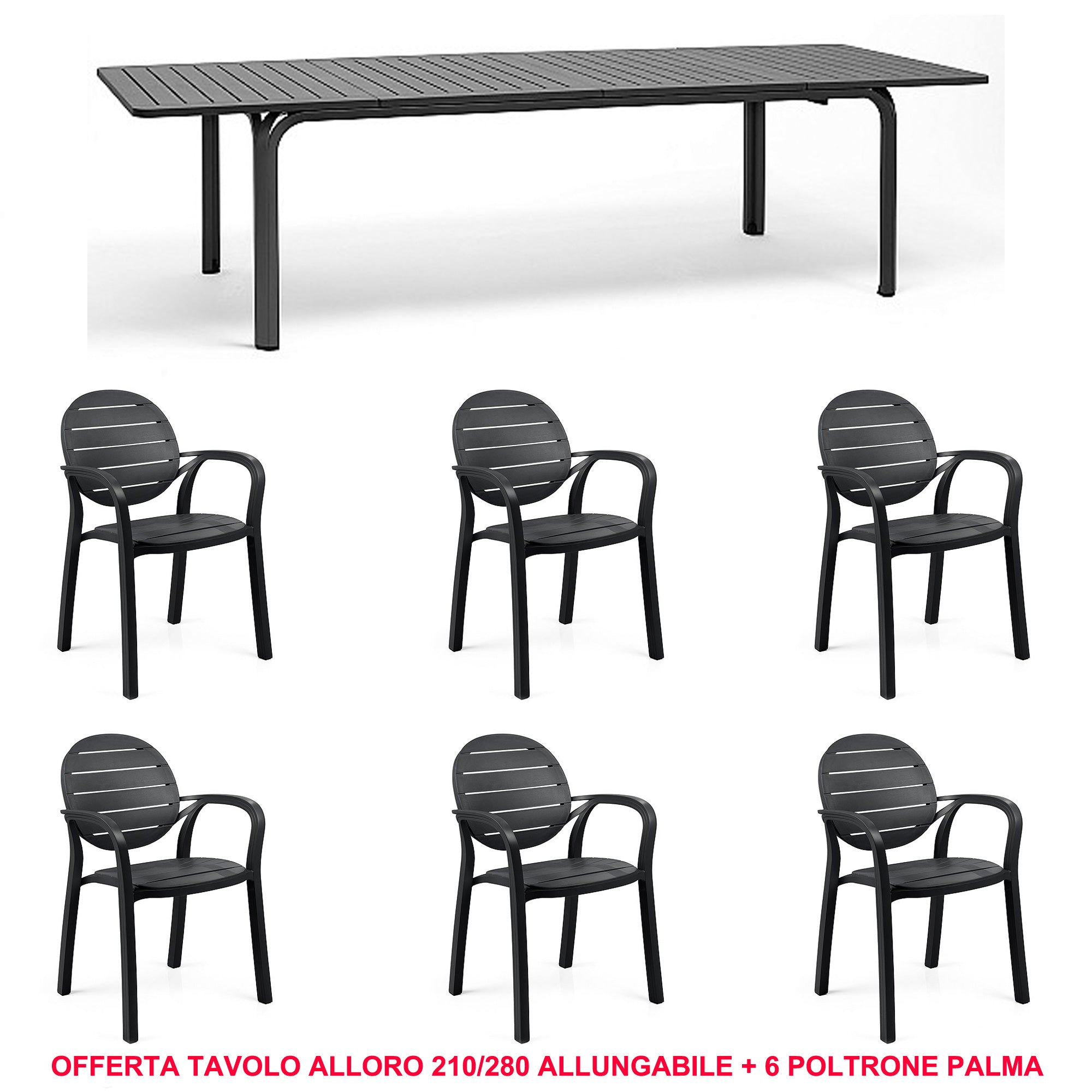 OFFERTA TAVOLO ALLUNGABILE ALLORO 210/280 CM + 6 POLTRONE PALMA COLORE A SCELTA