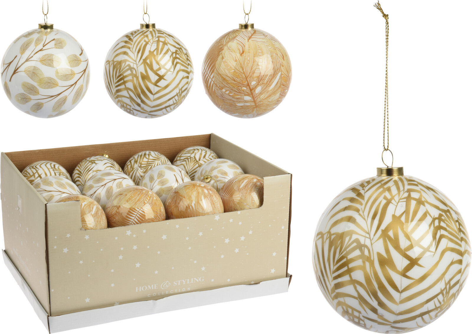 PALLINA DI VETRO DECORATA CON FOGLIE ORO 10CM ASSORTITA
