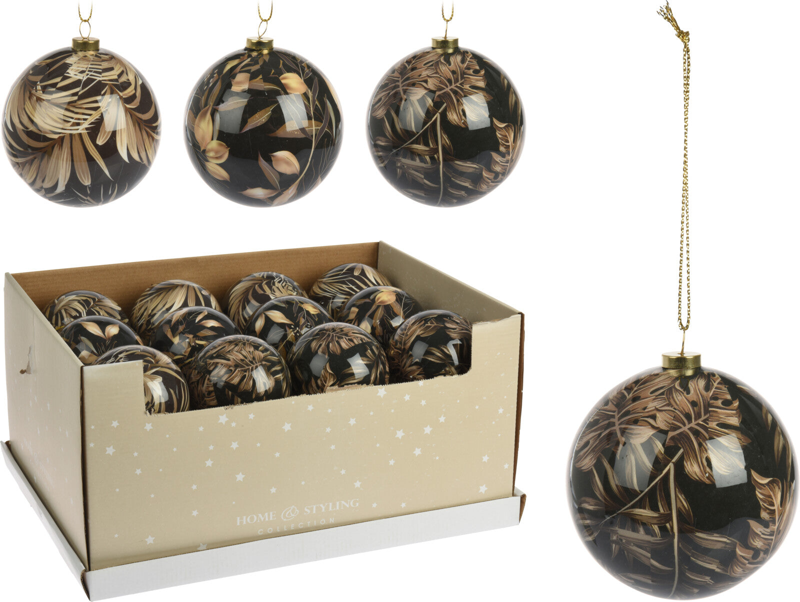 PALLINA DI VETRO DECORATA CON FOGLIE ORO/NERO 10CM ASSORTITA