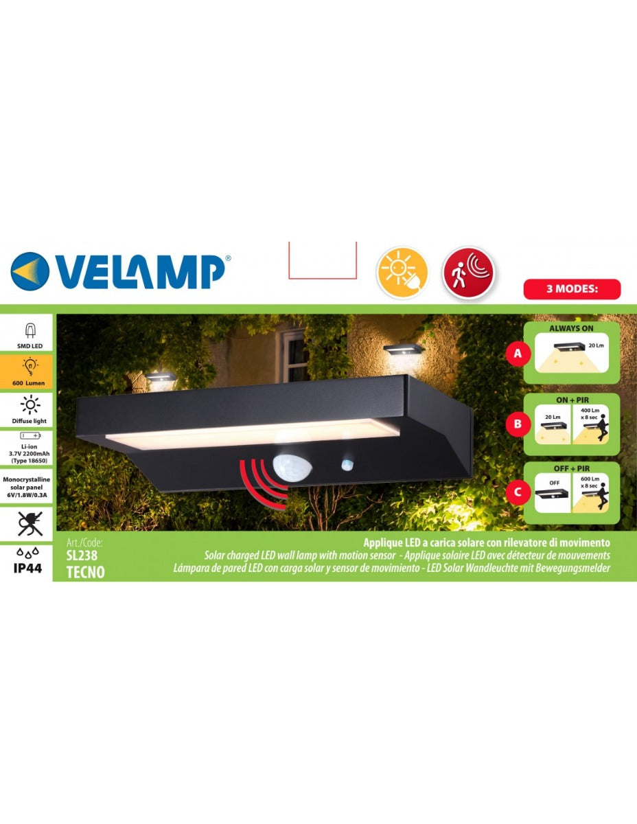 APPLIQUE LED A CARICA SOLARE 600 LUMEN, CON RILEVATORE DI MOVIMENTO