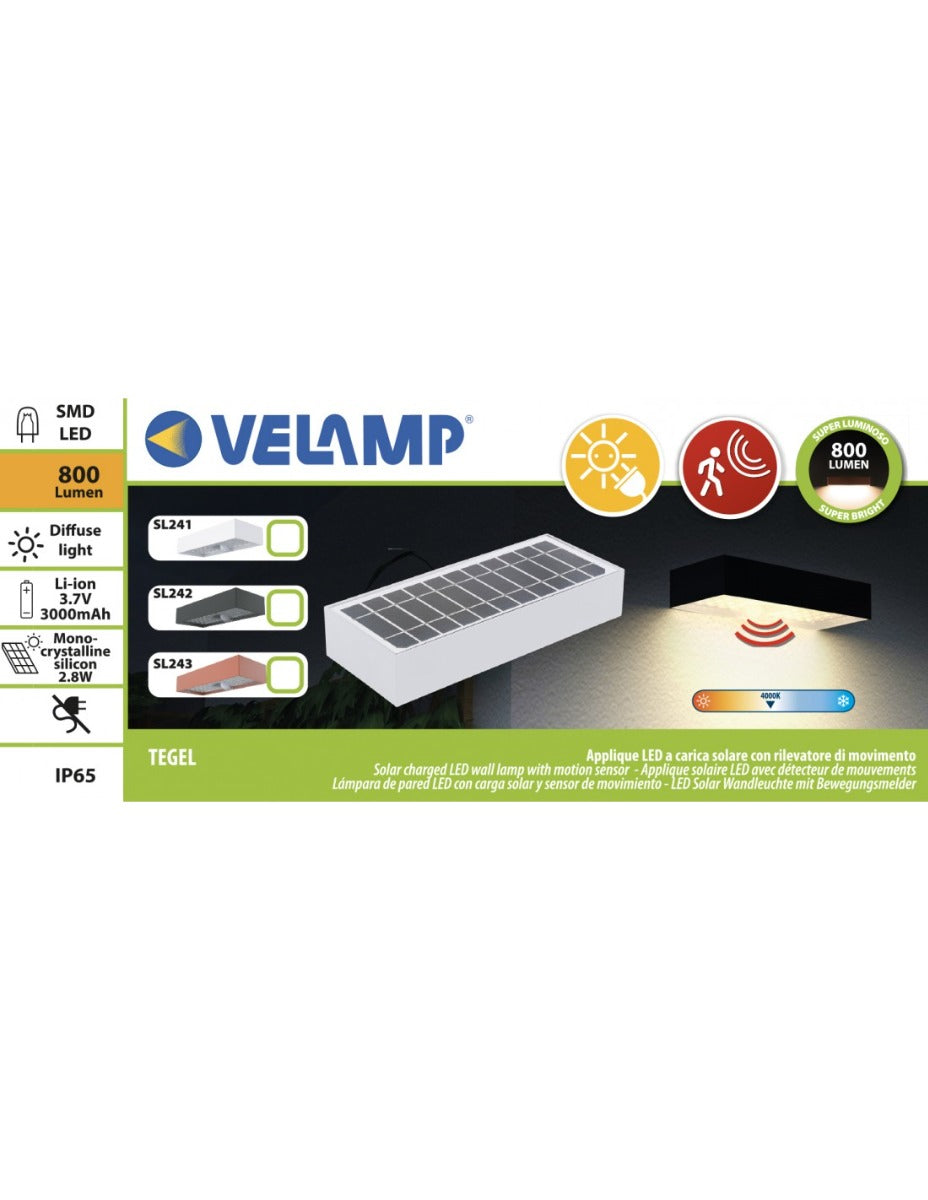 APPLIQUE LED A CARICA SOLARE 800 LUMEN, CON RILEVATORE DI MOVIMENTO. BIANCO