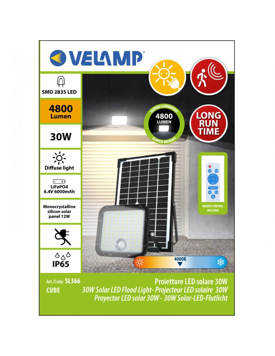FARETTO LED A CARICA SOLARE 4800 LUMEN, CON RILEVATORE DI PRESENZA. PANNELLO SOLARE DEPORTATO