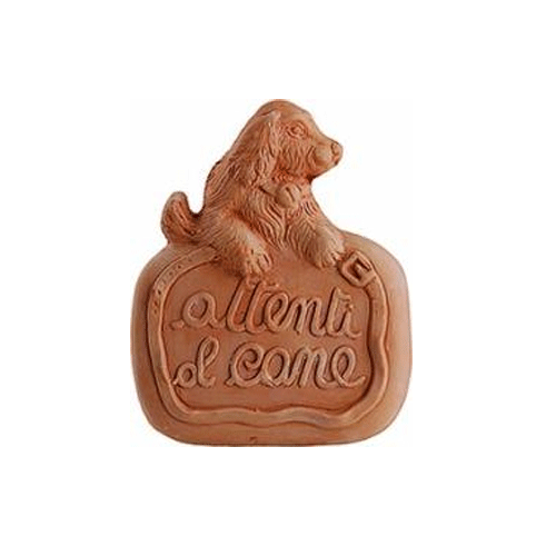 DECORAZIONE ATTENTI AL CANE RIFINITA A MANO 20 CM IN TERRACOTTA