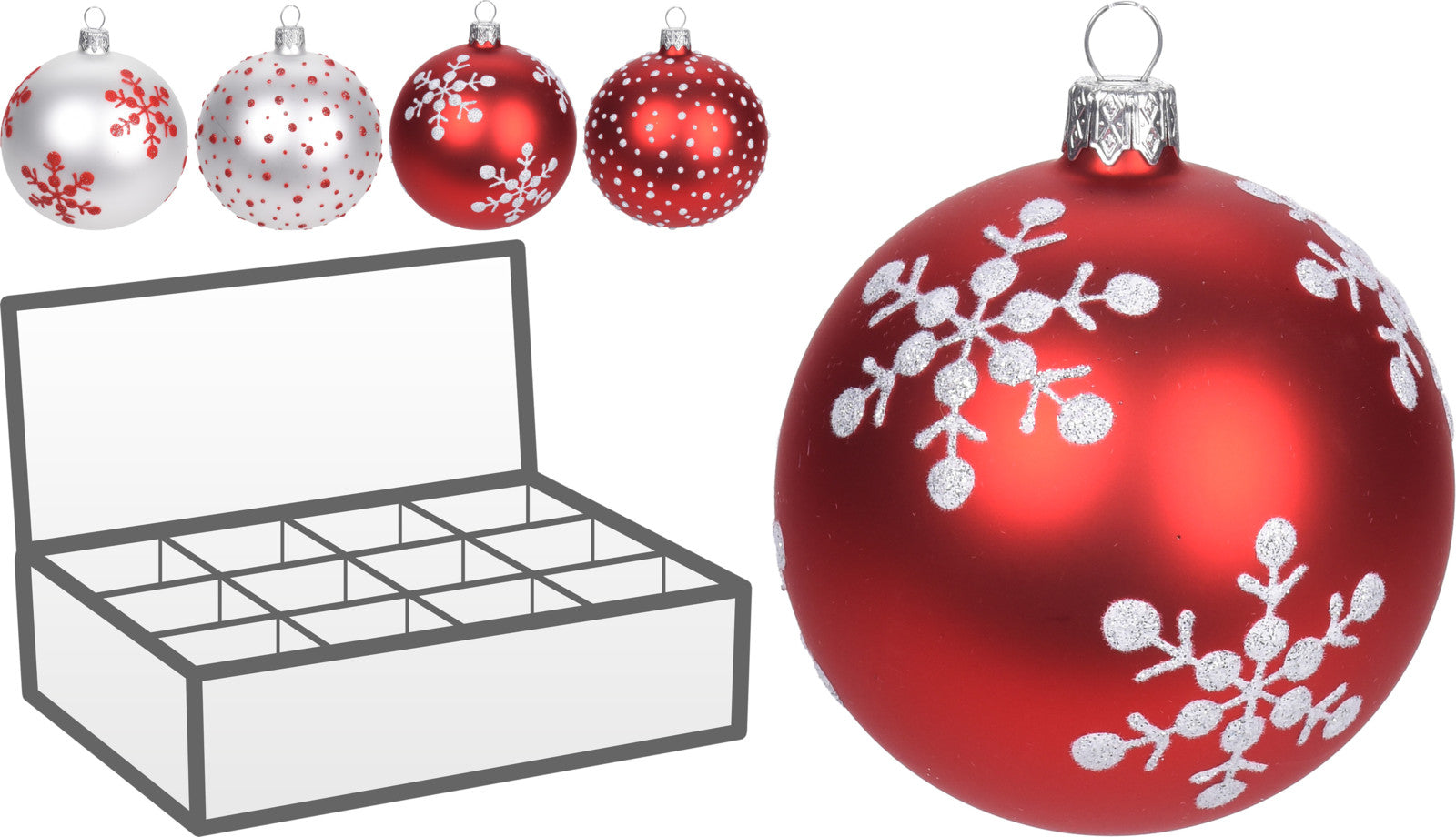 OFFERTA 6 PALLINE IN VETRO ROSSO/BIANCO 8CM ASSORTITE