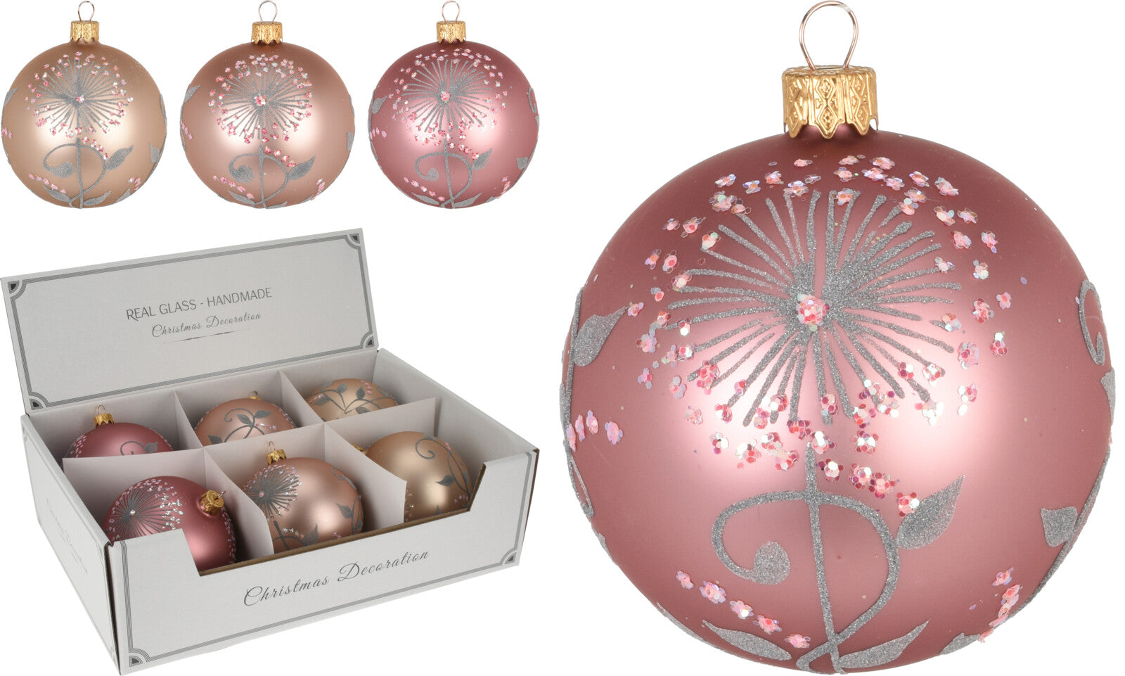 PALLINA DI VETRO DECORATA CON FIORI ROSA 10CM ASSORTITA