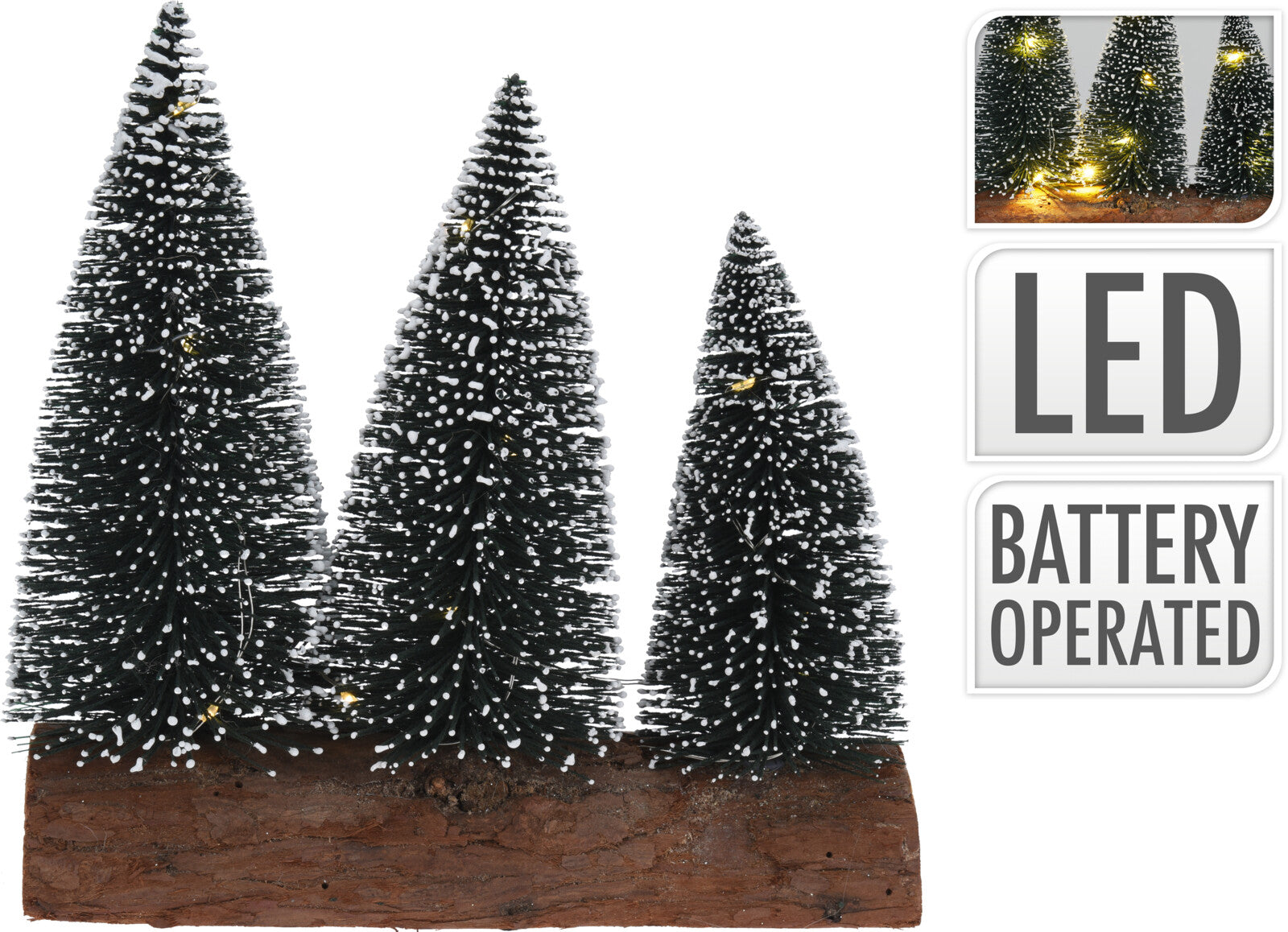 3 PINETTI CON LUCI LED E BASE IN LEGNO H20CM