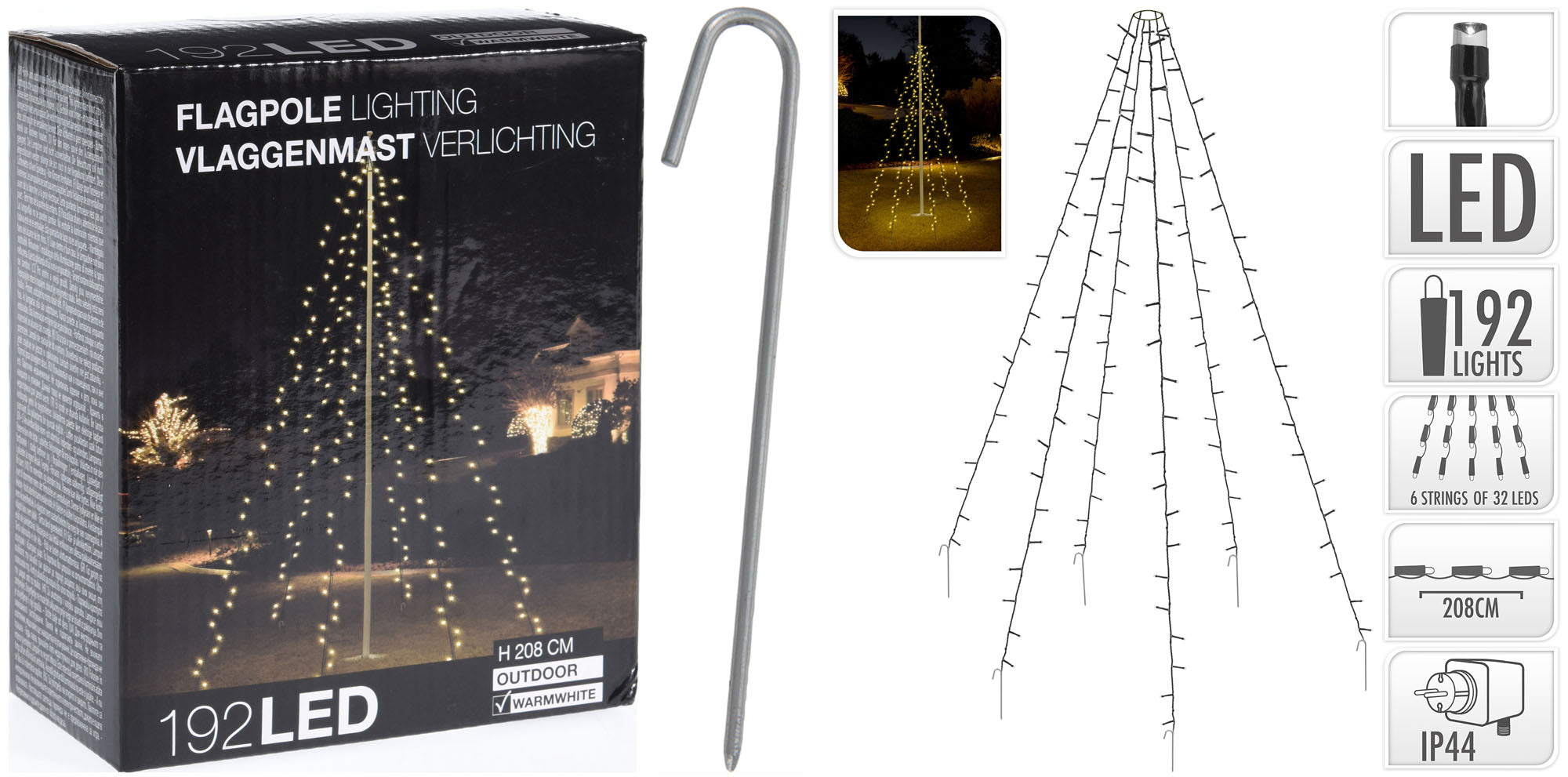 LUCI DI NATALE A PENNONE 192 LED BIANCO CALDO FILO VERDE LUCE FISSA