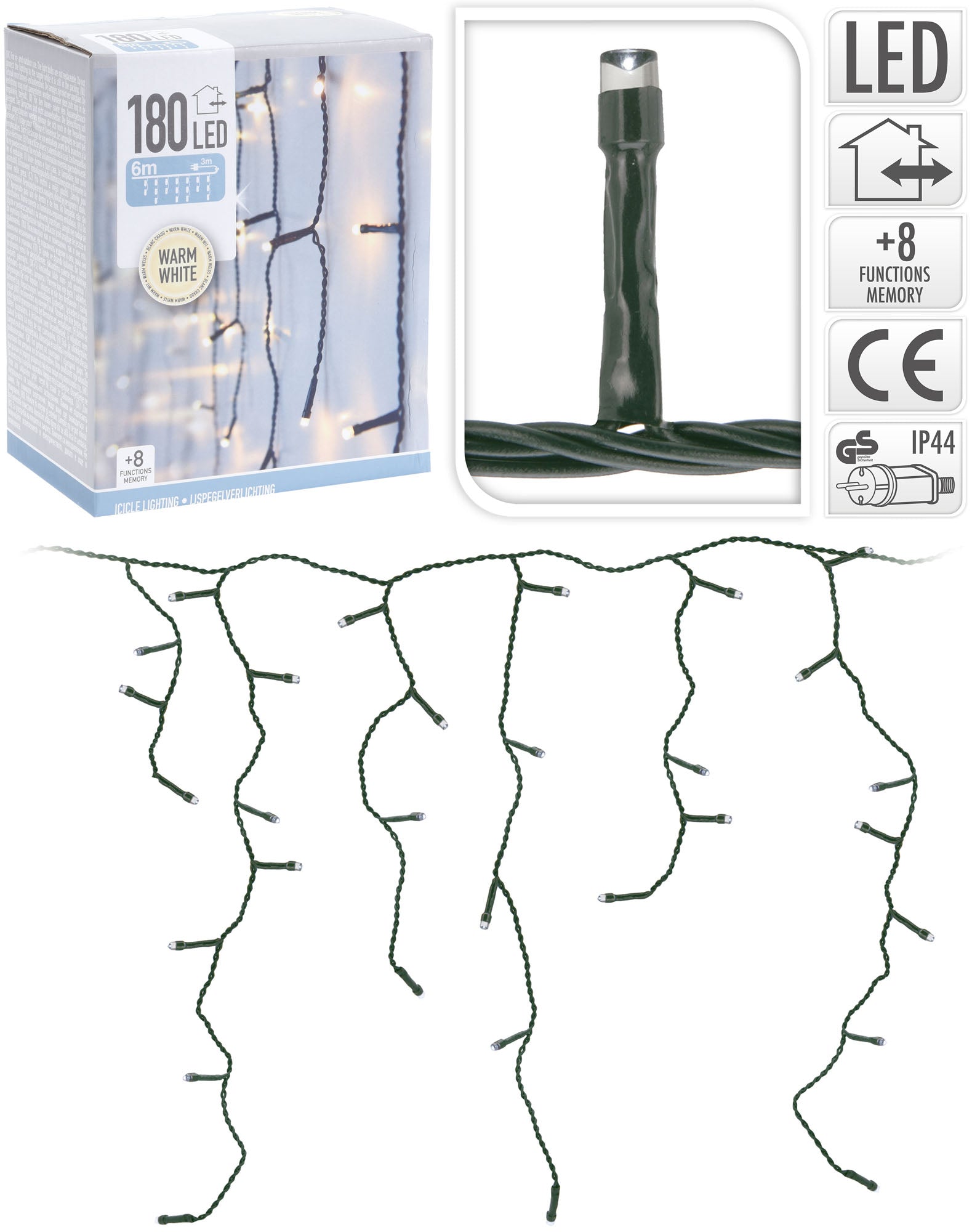 STALATTITI CON 180 LUCI LED BIANCO CALDO 8 GIOCHI DI LUCE