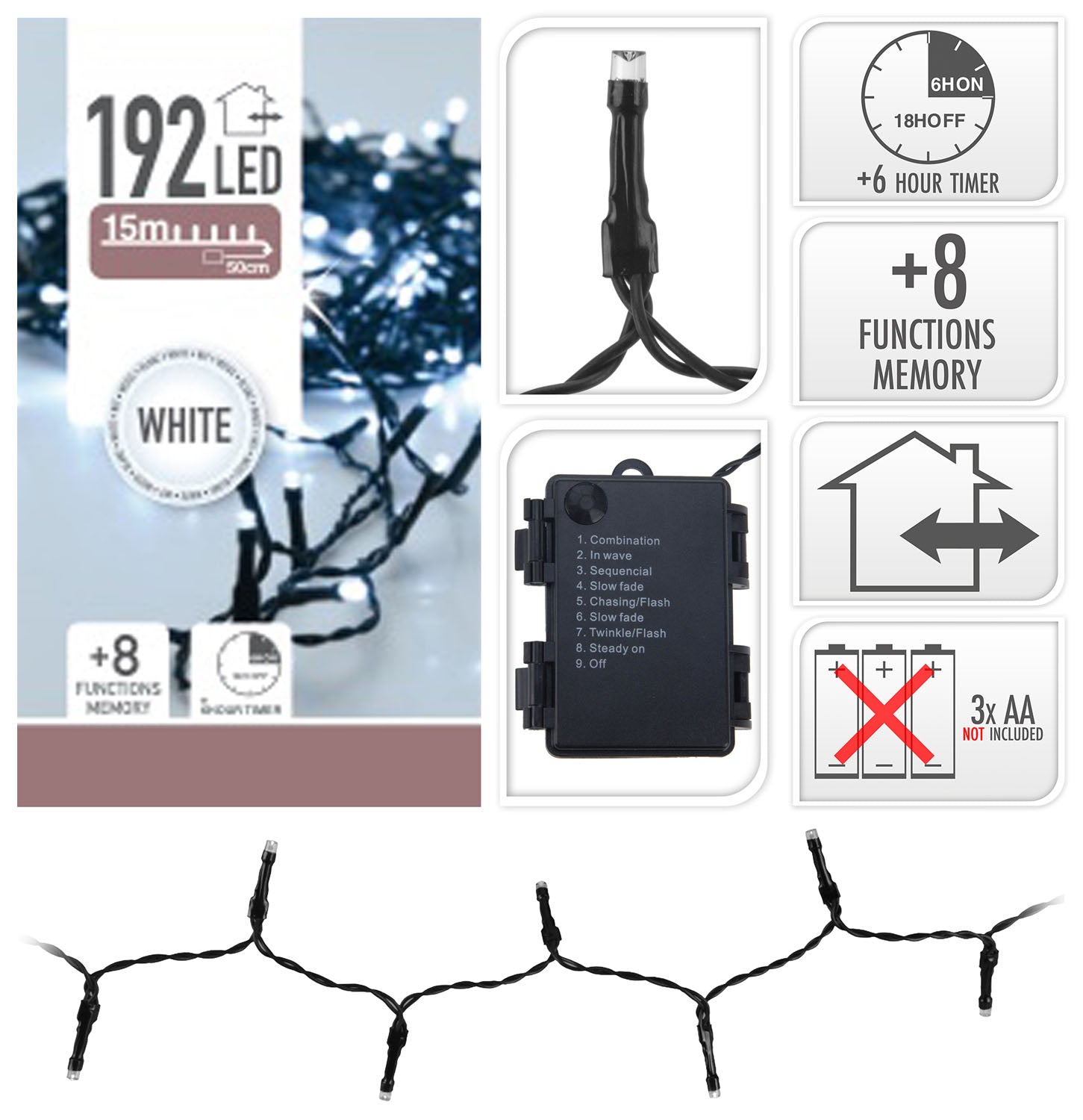 LUCI DI NATALE 192 LED COLORE BIANCO FREDDO A BATTERIA CON TIMER 8 GIOCHI DI LUCE