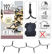 LUCI DI NATALE 192 LED COLORE BIANCO CALDO A BATTERIA CON TIMER 8 GIOCHI DI LUCE
