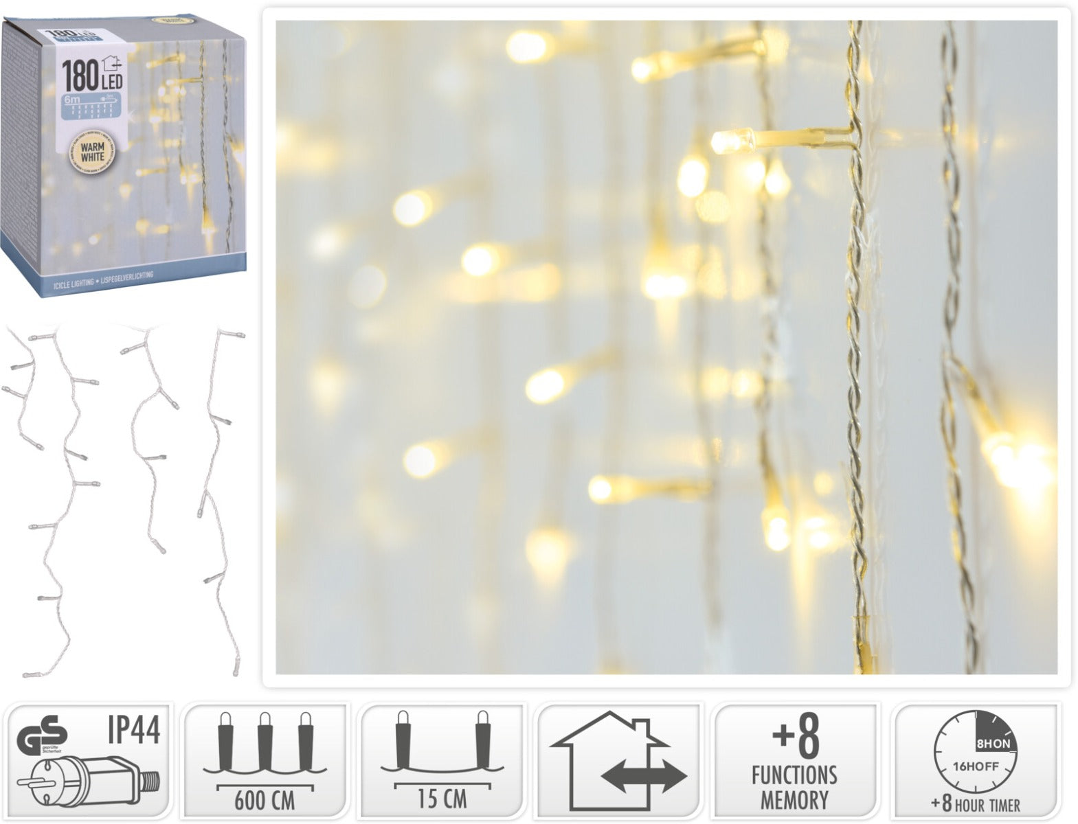 CASCATA 180 LED, BIANCO CALDO, 6MTX52CM