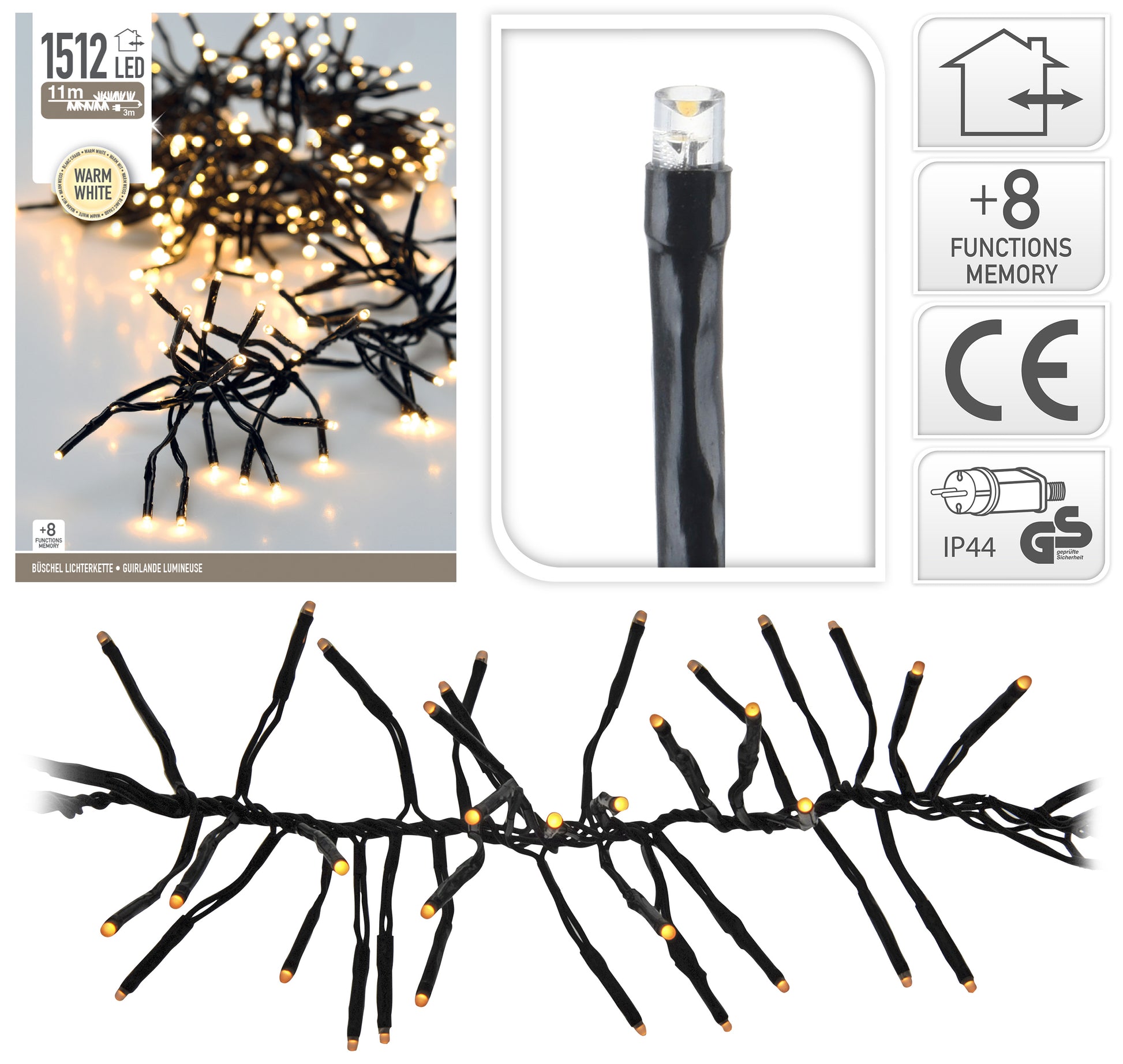LUCI NATALE GHIRLANDA 1512 LED BIANCO CALDO CON GIOCHI DI LUCE