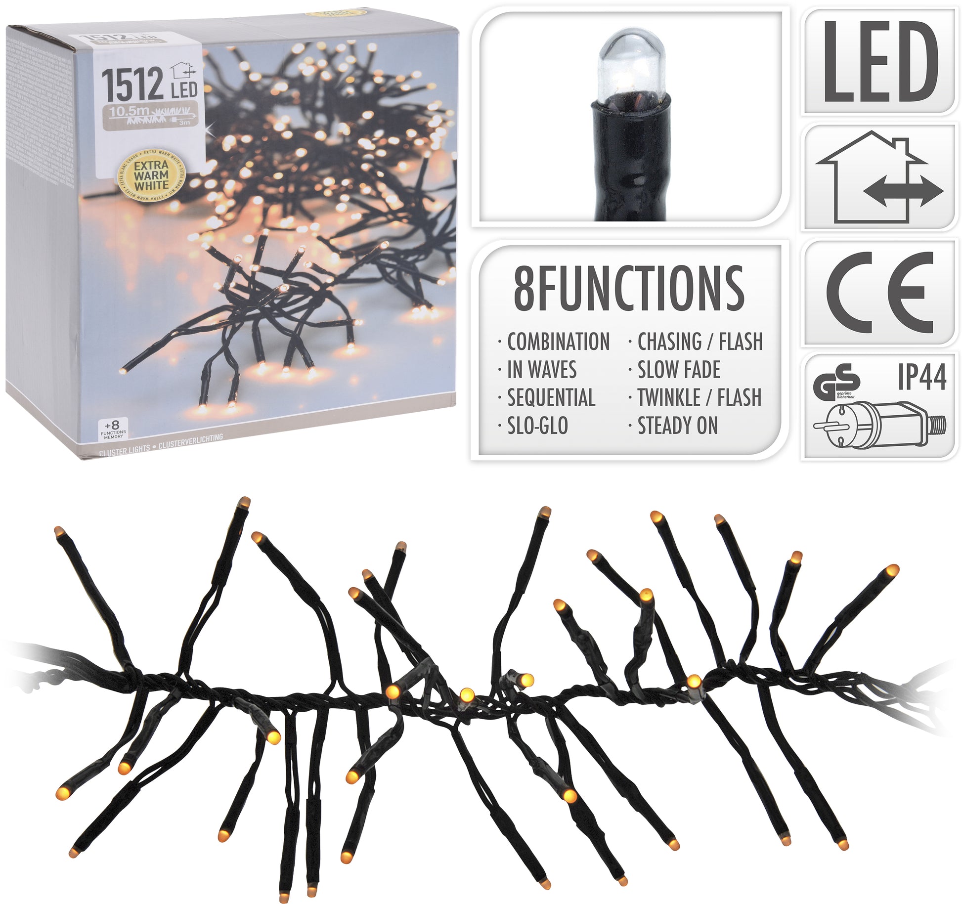 LUCI NATALE GHIRLANDA 1512 LED EXTRA BIANCO CALDO CON GIOCHI DI LUCE