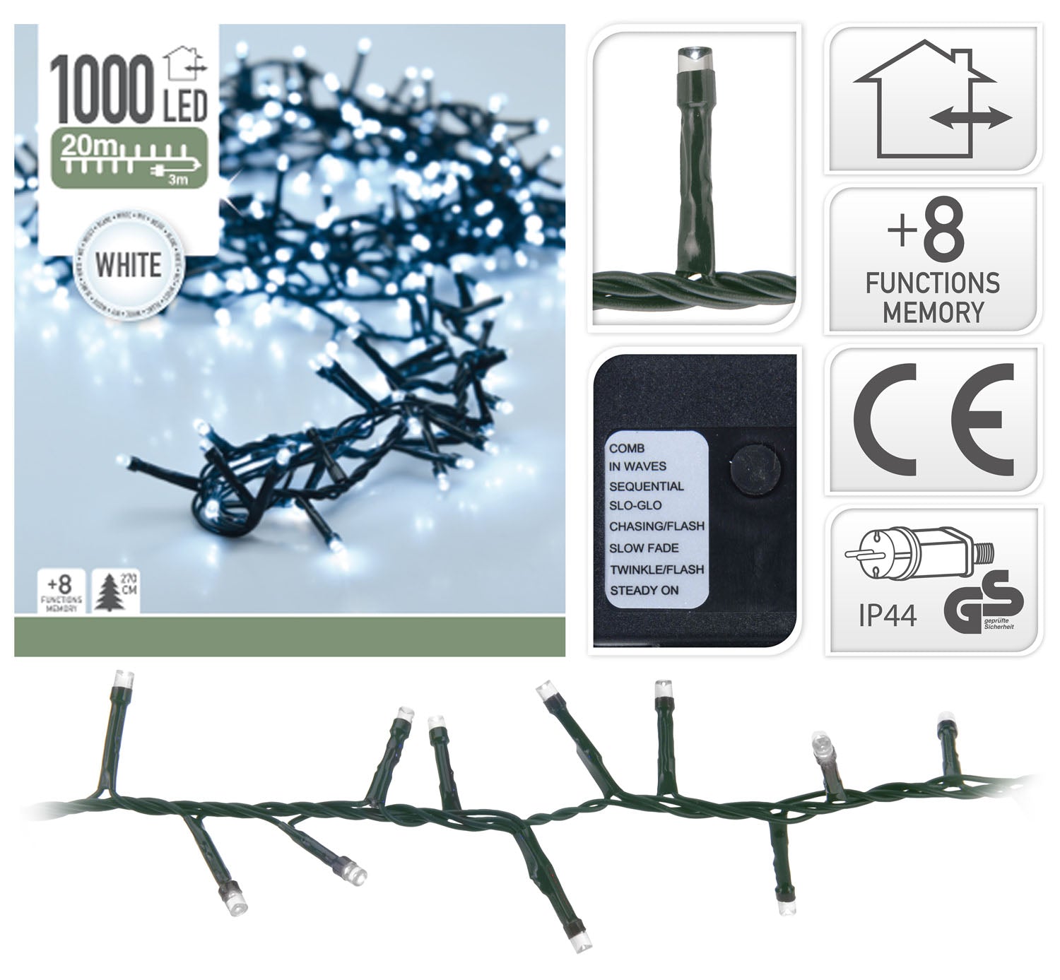 LUCI DI NATALE 1000 LED BIANCO FREDDO 8 GIOCHI DI LUCE