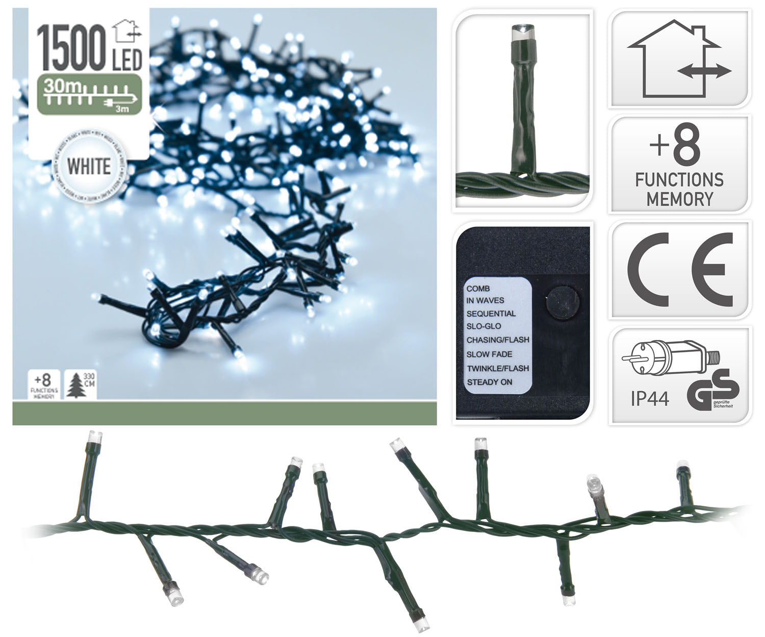 LUCI DI NATALE 1500 LED BIANCO FREDDO 8 GIOCHI DI LUCE