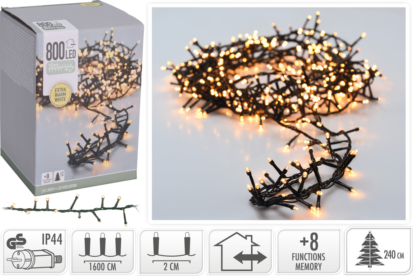 LUCI DI NATALE 800 LED EXTRA BIANCO CALDO 8 GIOCHI DI LUCE