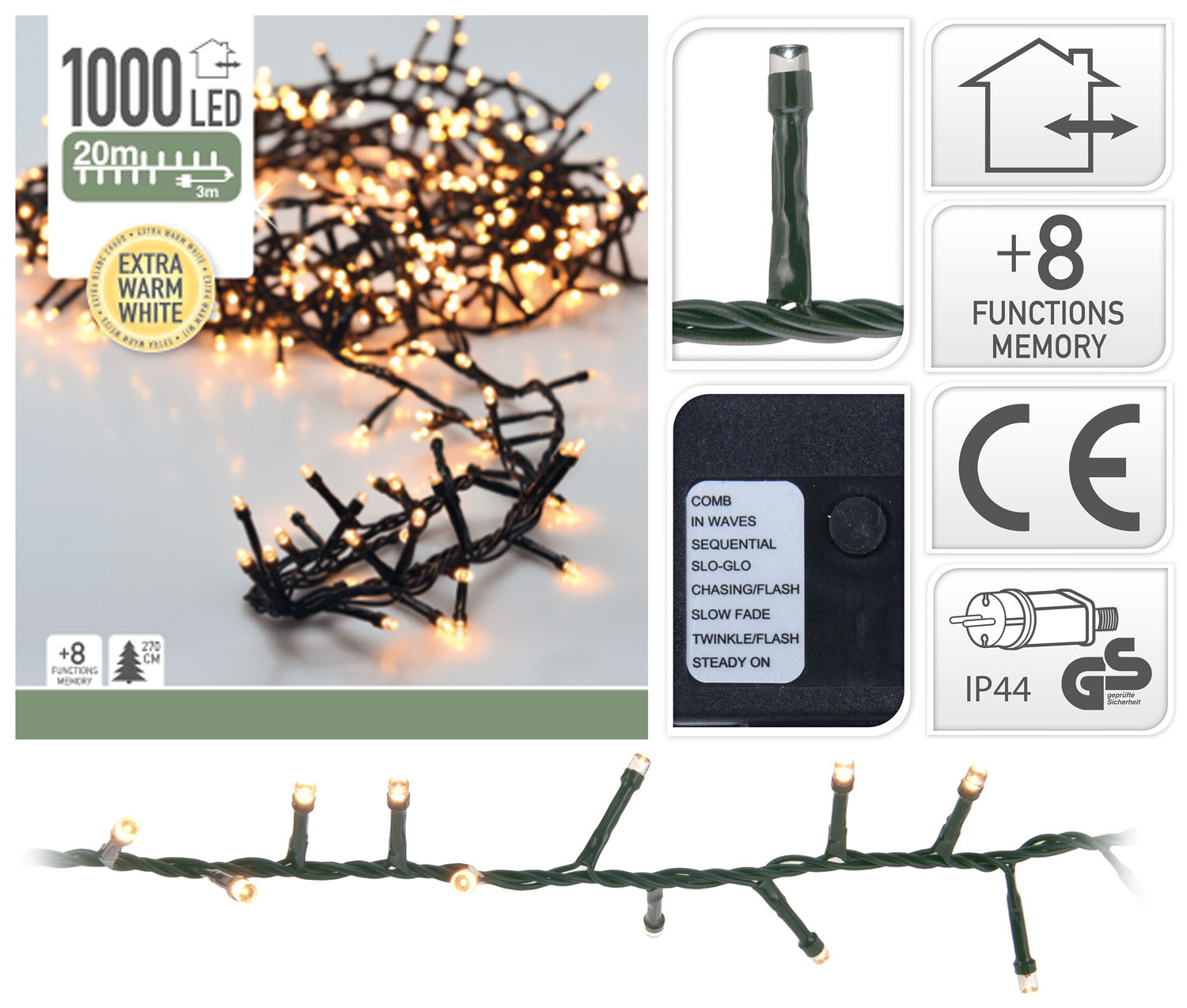 LUCI DI NATALE 1000 LED BIANCO CALDO 8 GIOCHI DI LUCE