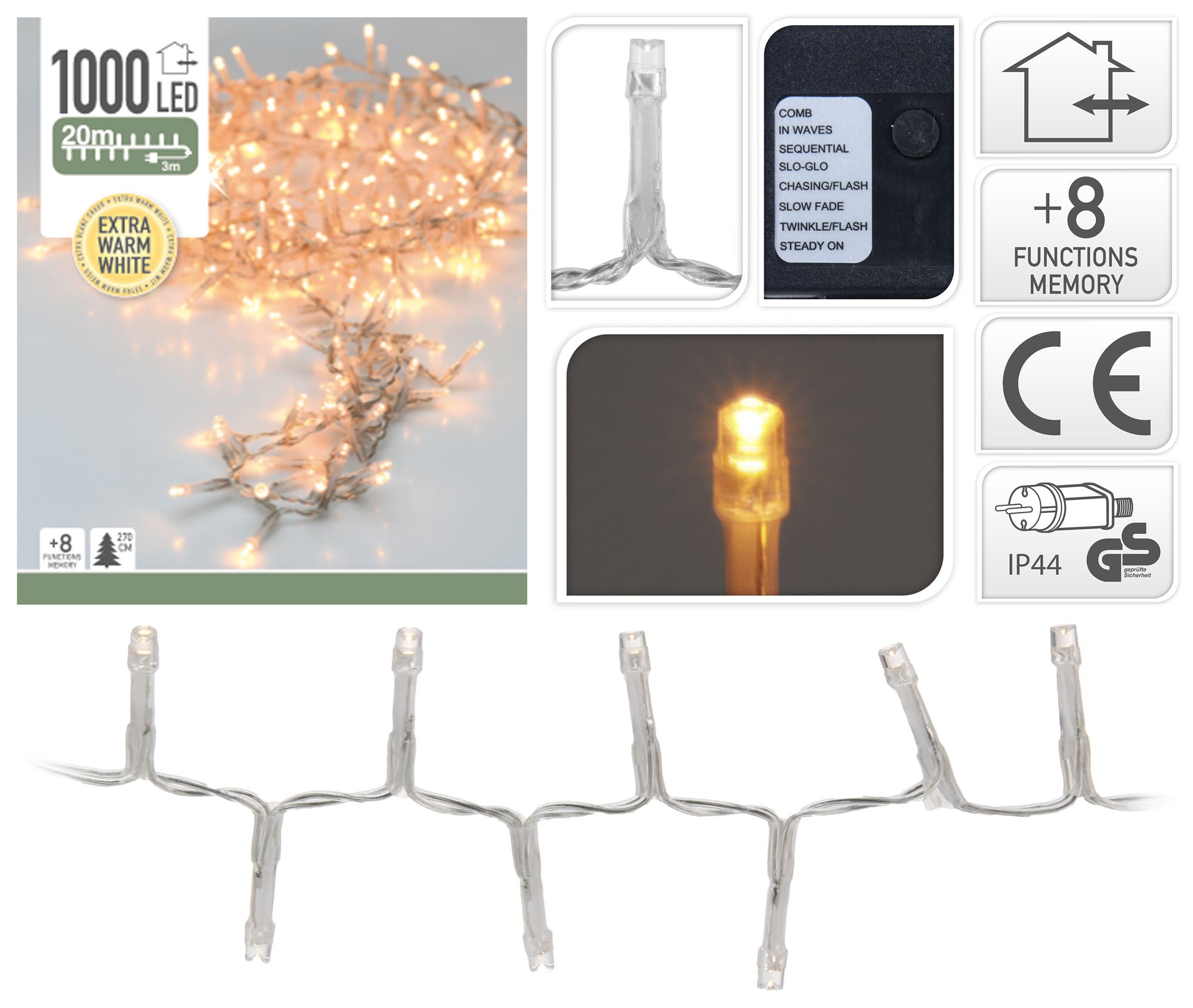 LUCI DI NATALE 1000 LED LUCE BIANCO EXTRA CALDO 8 GIOCHI DI LUCE