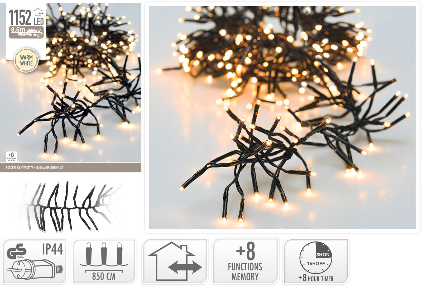 GHIRLANDA 1152 LED, BIANCO CALDO, 8,4MT, CAVO NERO