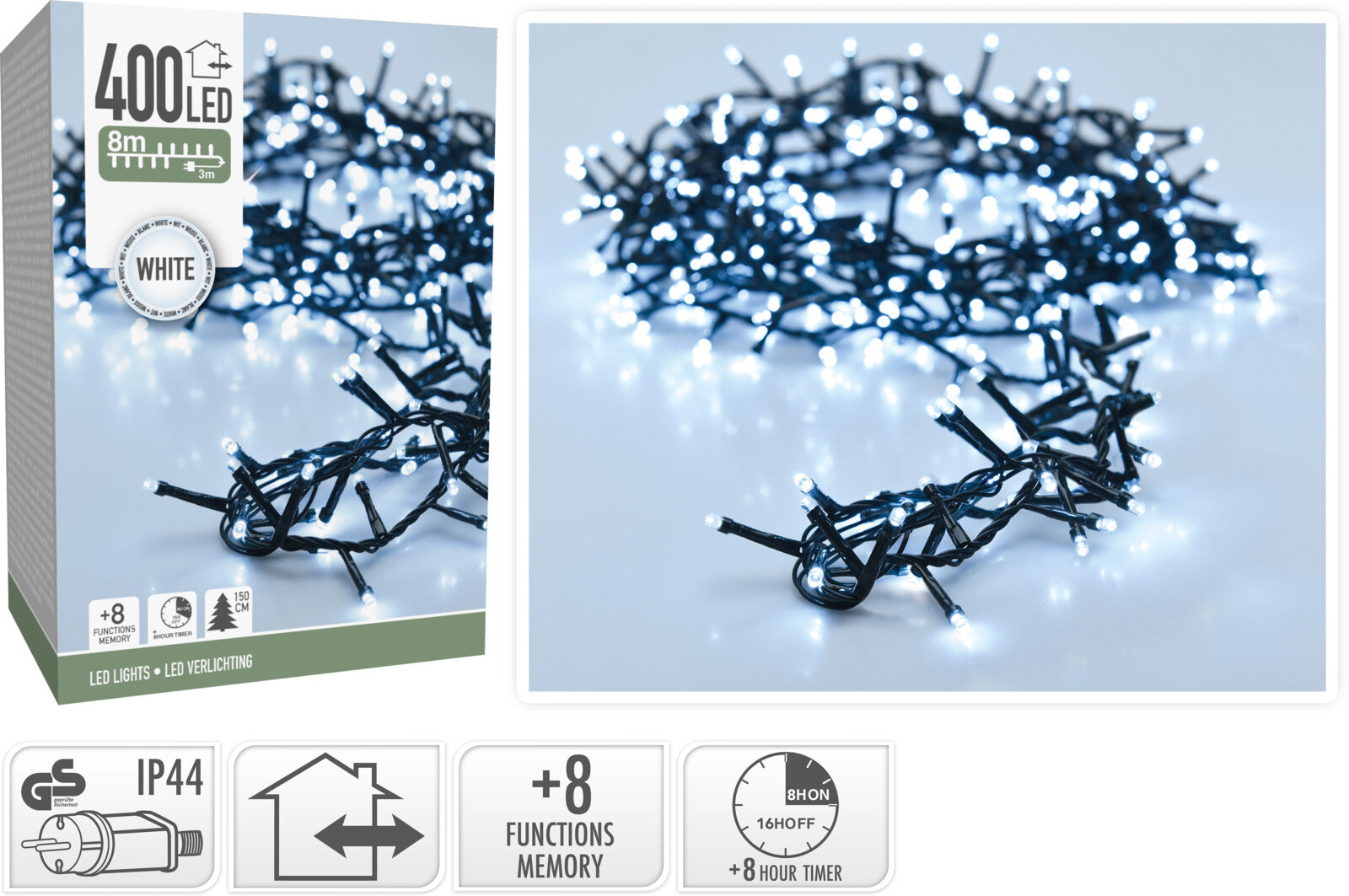 LUCI DI NATALE 400 LED, 8MT, 8 GIOCHI DI LUCE, BIANCO FREDDO