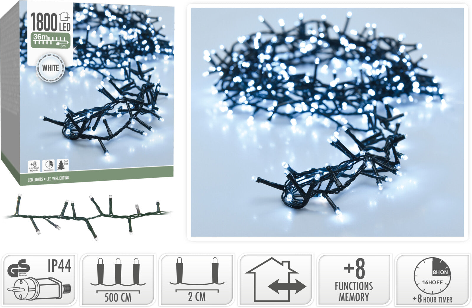 LUCI DI NATALE 1800 LED, 36MT, 8 GIOCHI DI LUCE, BIANCO FREDDO