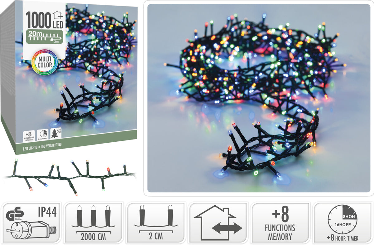 LUCI DI NATALE 1000 LED, 20MT, 8 GIOCHI DI LUCE, MULTICOLORE