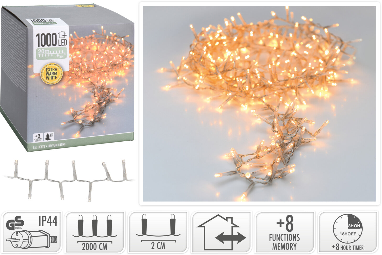 LUCI DI NATALE 1000 LED, 20MT, 8 GIOCHI DI LUCE, BIANCO CALDO