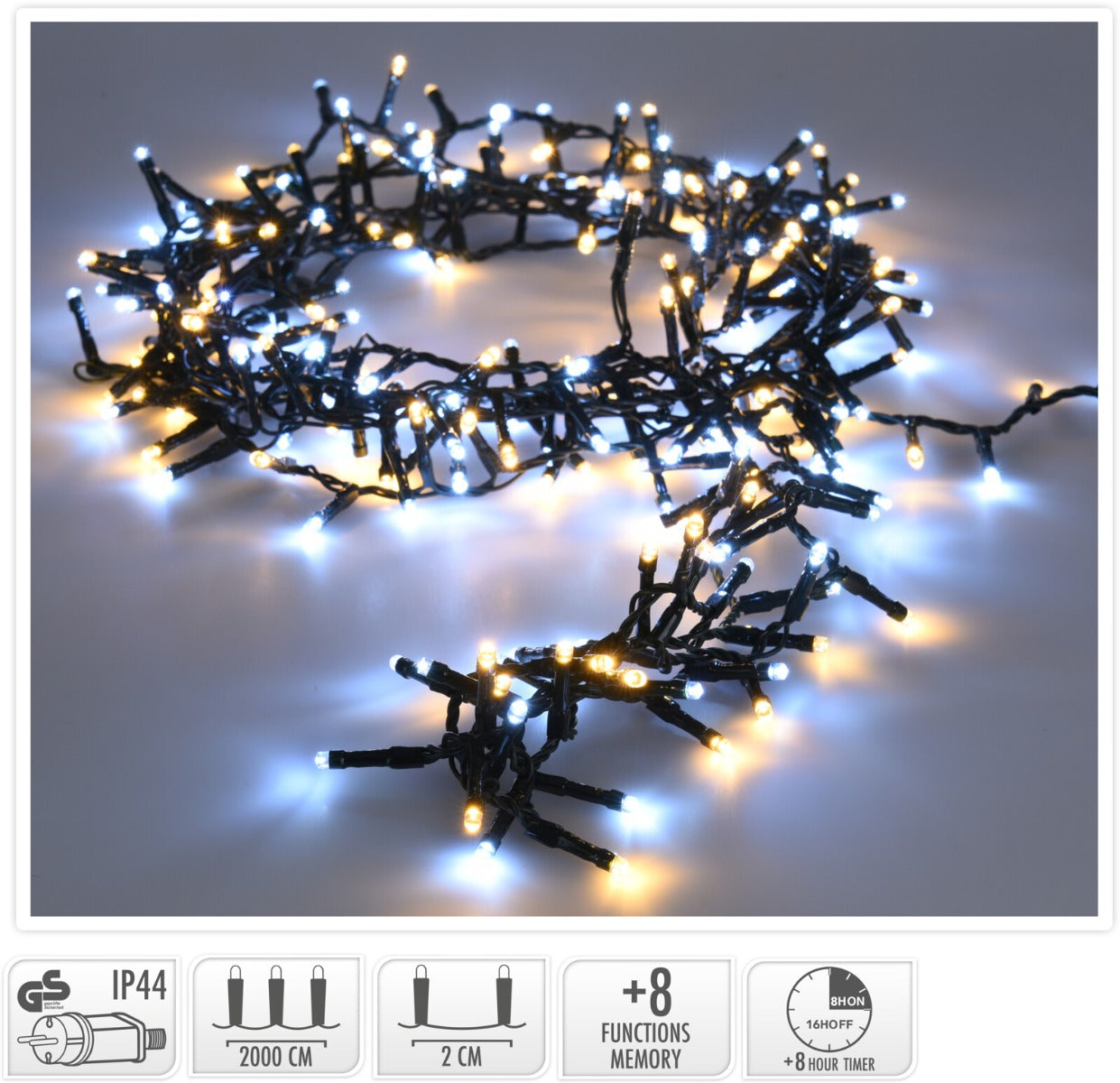 LUCI DI NATALE 1000 LED, 20MT, 8 GIOCHI DI LUCE, BIANCO CALDO/FREDDO