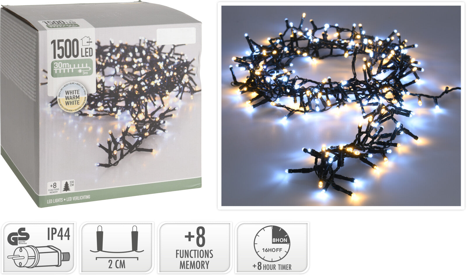 LUCI DI NATALE 1500 LED, 30MT, 8 GIOCHI DI LUCE, BIANCO CALDO/FREDDO