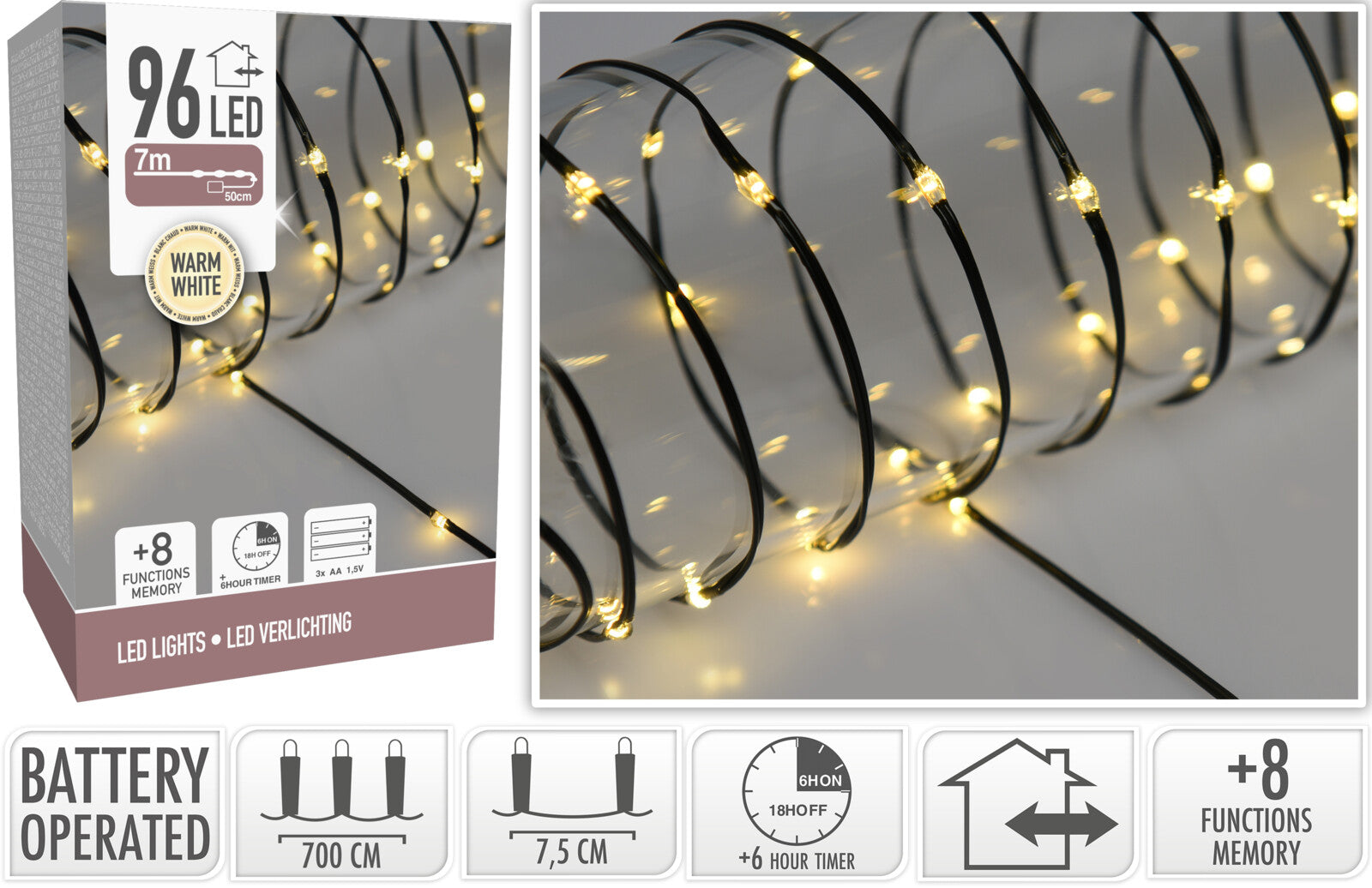 LUCI 192 MICRO LED BIANCO CALDO 8 FUNZIONI 7MT