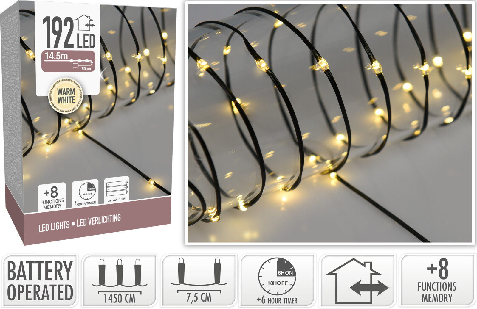 LUCI 192 MICRO LED BIANCO CALDO 8 FUNZIONI 14,5 MT