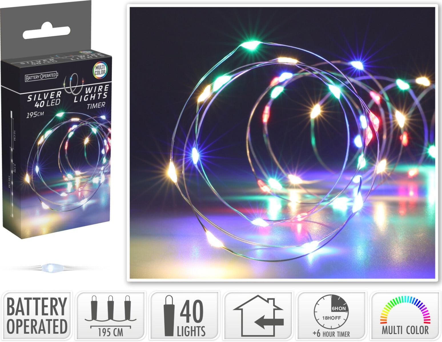 LUCI DI NATALE LED, 195CM, 40 LED, MULTICOLORE