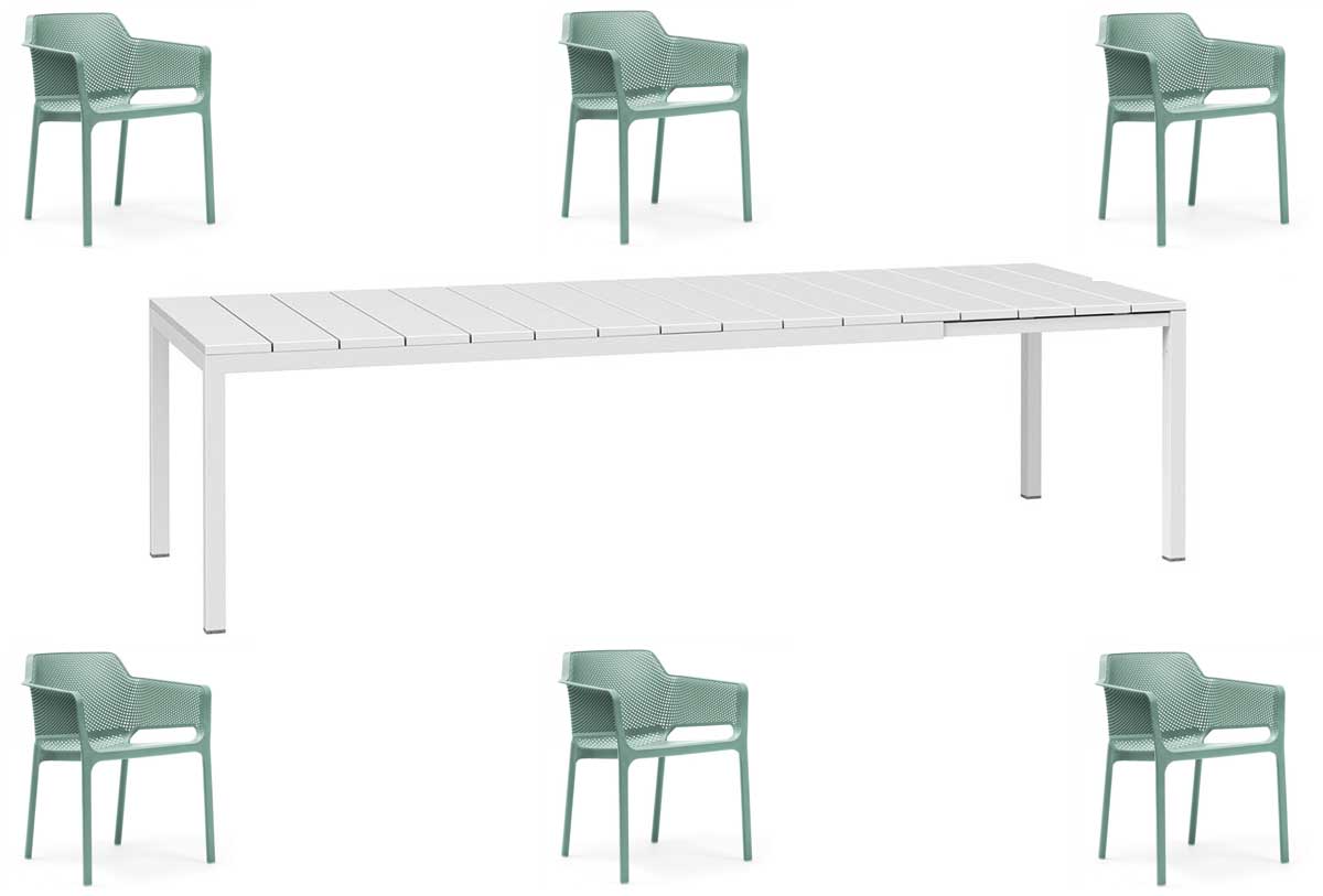 OFFERTA TAVOLO RIO ALLUNGABILE 140/210CM +6 POLTRONE NET BIANCO/TURCHESE